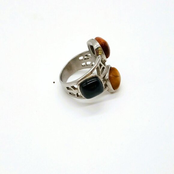 Stainless Steel 3 Stone Ring 9.25 Open Work Tiger Eye Black Onyx - Picture 1 of 8